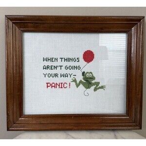 Vintage Frog Funny Needlepoint Embroidery Framed Wall Decor